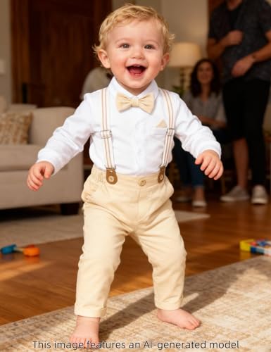 Image of A&J DESIGN Baby Boys Suits Infant Gentleman Formal Wedding Suspenders Outfit with Bowtie