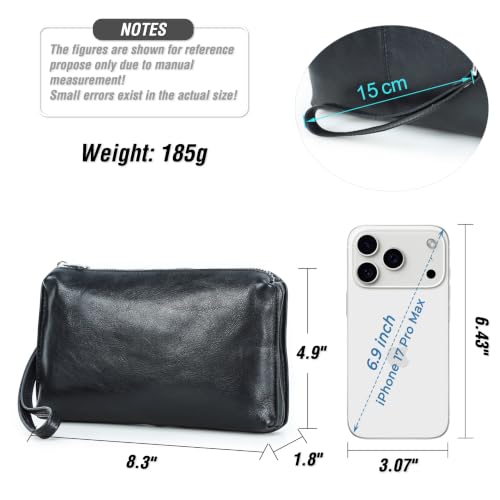 Image of Top Grain Genuine Leather Clutch Wallet with Wristlet for Man & Woman, Handmade Simple Retro Vintage Design, Multi Pockets & Card Slots, RFID Large Capacity for Cards /ID /Checks /Banknote /Phone, Black