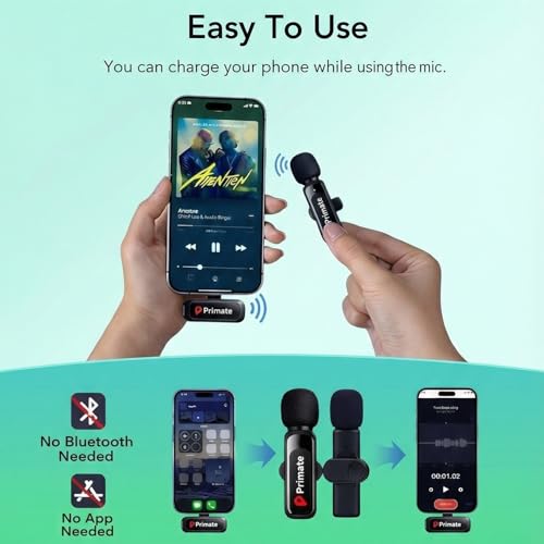 Image of Primate Wireless Lavalier Microphone with Type-C, ClipOn Mic for Android, iPhone, Tablets Noise Reduction, Real-Time Sync, Ideal for Vlogging, YouTube, Interviews, Live Streaming (SE81 2 mic)