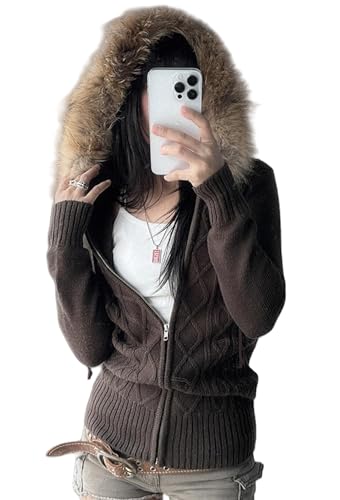 KMBANGI Women Fur Trim Crop Hoodies Zip Up Y2k Long Sleeve Cropped Sweatshirt Zipper Furry Hooded Jacket with Pockets (Knitted Brown S)