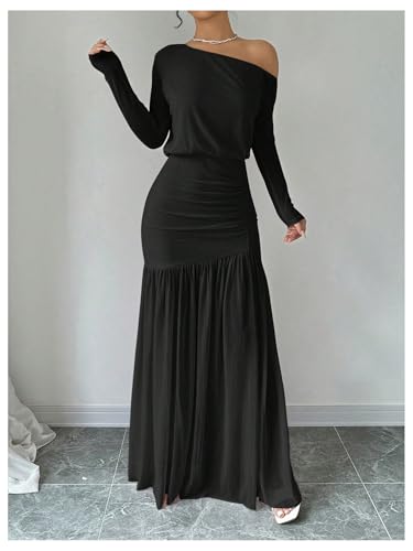 Floerns Women's Mesh Off The Shoulder Dress Ruched Ruffle Long Sleeve Maxi Dresses4