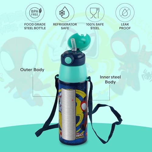 Image of CELLO Kidzbee Series Orb 600 Inner Steel Insulated Water Bottle, 500ml, Navy Blue | 3D Touch & Feel Web Warriors Design | Leakproof Flip Top Spout, Easy to Carry | Cold Water Bottle for Kids School