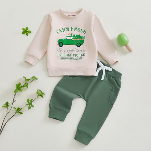 St Patricks Day Baby Boy Outfit Clover Letters Print Sweatshirt Elastic Waist Pants Set Toddler 2Pcs Spring Clothes2