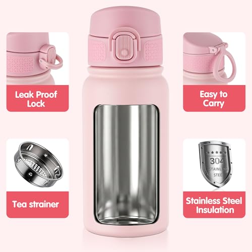 Image of GOPPUS Kids 12oz Insulated Stainless Steel Water Bottle, Leakproof Vacuum Tumbler with Carry Handle, Fits Cup Holders, Reusable Water Bottle for School Outdoor, Boys & Girls(Pink)