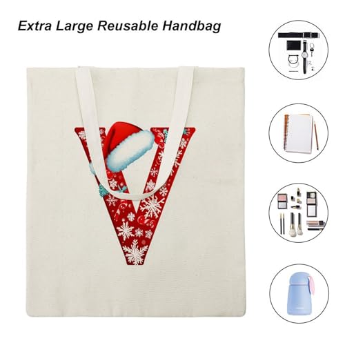 Letter V with Santa Hat Snowflakes Canvas Tote Bag for Women Initial Letter Reusable Shoulder Tote Bag Gifts for Women Mother4