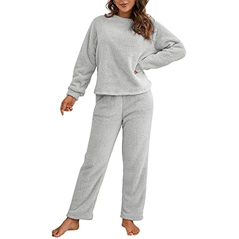 Women Plush Pajamas Sets Fashion Fuzzy Soft Sweatsuit Long Sleeve Fleece Warm Winter Sweatshirt Tops and Trousers Sleepwear Loungewear (Gray, Small) Cover
