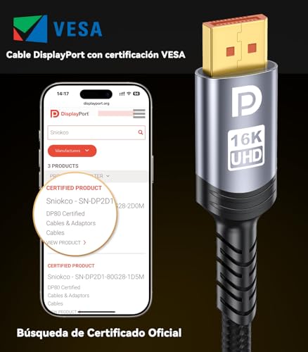 Sniokco 80Gbps Cable DisplayPort 2.1 3M, 16K DP Cable 16K@60Hz 8K@240Hz 4K@540Hz 360Hz 240Hz Compatible con Monitor HDR HDCP 2.3 DSC FreeSync G-Sync Gráficos RTX 5090 4090 PC HDTV - imagen 2