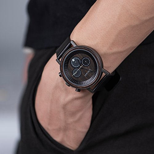 Bobobird Mens Simple Luxury Sport Wooden Watches Stainless Steel Wood Date & Chronograph Watch（Black） #TOP4