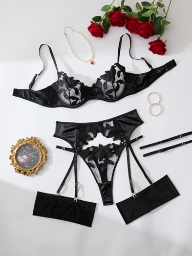 Image of Lilosy Sexy Leaf Floral Embroidered Mesh Sheer Women Underwire Push Up Lingerie Set