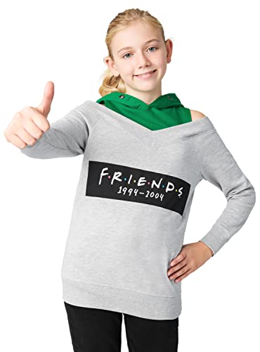 Image of FRIENDS Open Shoulder Girls Hoodie (Grey/Green, 15 Years)