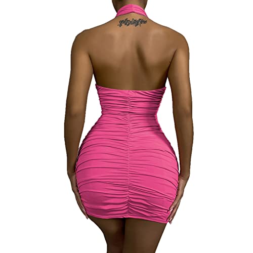 ORT Vestido feminino com decote em V, sem mangas, com alça de veludo, colado ao corpo, franzido, ves
