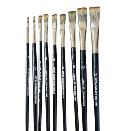 Image of Flat Short Hair Paint Brush Set | Professional Nylon Artist Brushes For Watercolor, Acrylic & Oil Painting With Smooth Paint Coverage, Canvas Artwork & Creative Art | Sizes 1-12, Set of 9