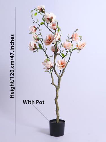 Image of ARICK DECOR 4Ft Artificial Pink Magnolia Flower Tree in Pot, 4ft Realistic Faux Lush Pink Silk Blossom Plant, Peacock Shaped Floor Decor for Home, Office & Balcony