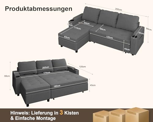 Devoko Ecksofa mit Schlaffunktion und Bettkasten L-Form Sofa 3-Sitzer Ausziehbares Schlafsofa Leinen Couch Kleines Schlafcouch für Wohnung und Wohnzimmer, Dunkelgrau
