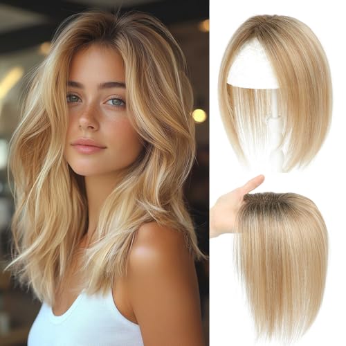 GULALUUK Hair Toppers for Women Real Human Hair Topper for Women with No Bangs Hairpieces Comfortable and Breathable 10 Inch Swiss Base 3D 360°Cover Glue-free (Medium Brown to Creamy lced Blond)