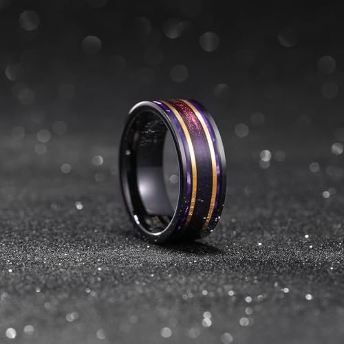 King Will Mens 8mm Black Wedding Band Pipe Cut Tungsten Carbide Rings Wood/Shell/Sand Inlay Unique Ring For Men Polished Flat Anniversary Rings Comfort Fit Size 7-123