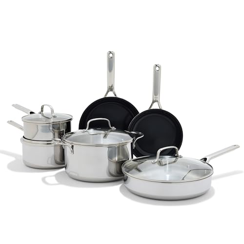 OXO 13 Piece Stainless Steel Cookware Set, Tri-Ply Multiclad Pots & Pans, PFAS-Free Ceramic Nonstick Coated Frying Pans, Induction Compatible, Dishwasher & Oven Safe, Sauce, Stock, Saute, Silver - image 1