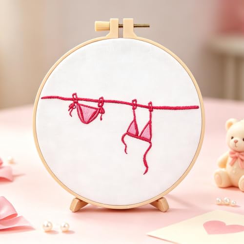 Image of Crafmanoe Easy Hand Embroidery Kits for Adults Beginners, Embroidery Starters Kits, Pink Bikini Stamped Cross Stitch Kits Needlepoint Kits for Beginners Adults, Embroidery Hoop, Thread, Video Tutorial