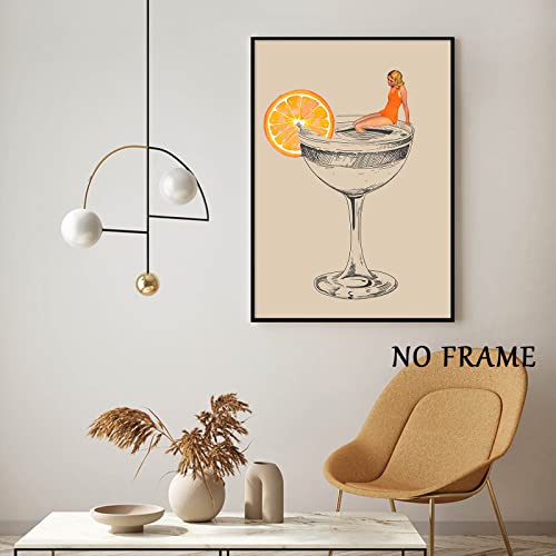 Cocktail Canvas Wall Art Orange Cocktail Poster Lemon Artwork Wine Glasses Picture For Kitchen Orange Abstract Pictures Wine Glass Line Painting Girl Funny Cocktail Canvas Print 16X24Inch No Frame #TOP4