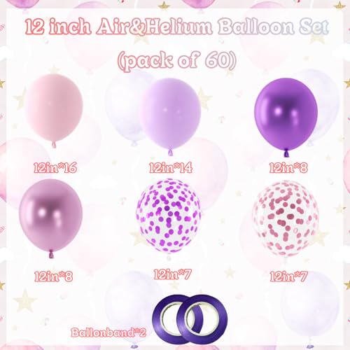 Image of 60 Pieces Pink Purple Balloons, 12 Inches Metallic Light Purple Balloon Confetti Balloons for Birthday, Wedding, Unisex Adults & Children Party Decorations