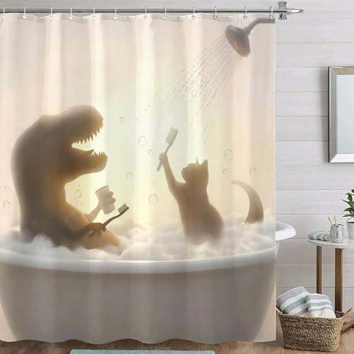 Leeisysme Funny Cat Dinosaur Shower Curtain Cute Fun Dino Trex Kitty in Bathtub Silhouette Shower Curtains Cool Unique Whimsical Bathroom Decor 72x72 inch