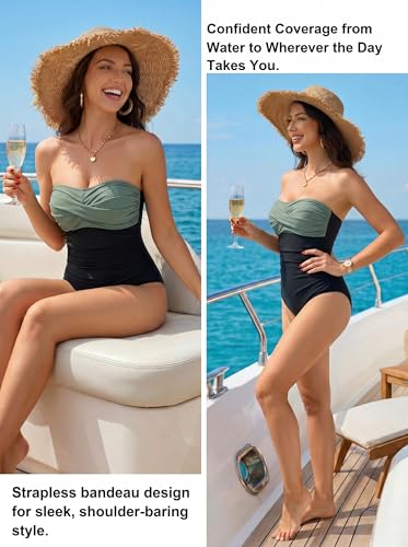 Image of Smismivo Tummy Control Swimwear Strapless One Piece Swimsuit Ruched Bathing Suits for Women Slimming Bandeau Tube Top Bikini