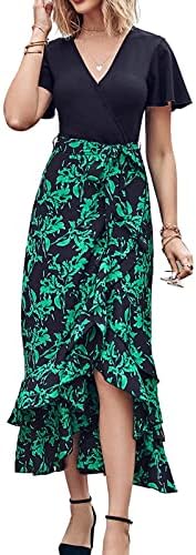 BHGHB Women 2023 Summer Boho Long Dresses Short Sleeve V Neck Floral Print Tie Waist High Low Ruffle Cocktail Maxi Dress