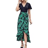 BHGHB Women 2023 Summer Boho Long Dresses Short Sleeve V Neck Floral Print Tie Waist High Low Ruffle
