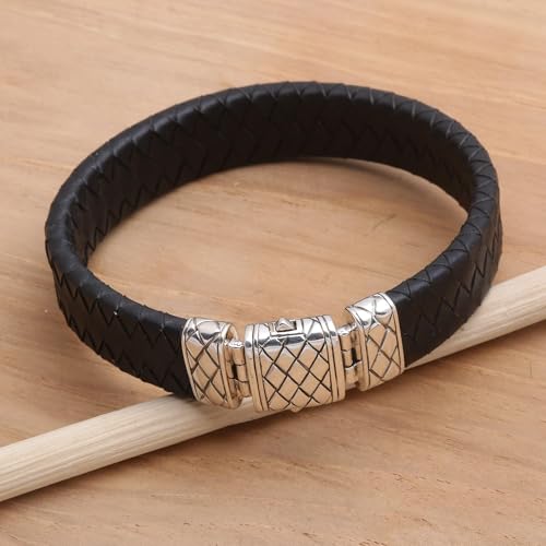 NOVICA Artisan Handmade Men's Leather Sterling Silver Wristband Bracelet Black No Stone Indonesia Modern [bracelet 9 in L x 0.6 in W Fits Wrist Size 8.25 in L] ' Adaptation'3
