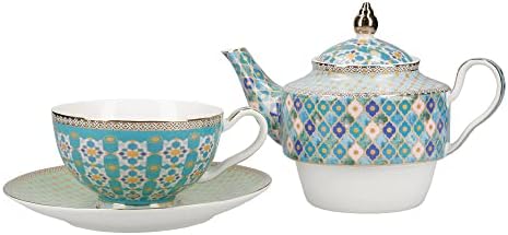 Maxwell & Williams Teas & Cs Kasbah Teapot and Cup Set for 1 with Infuser in Gift Box, Porcelain, 380 ml, Mint Green