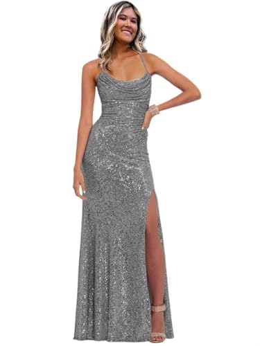 Image of Stylefun Women's Halter Mermaid Prom Dresses with Slit Long Sequin Formal Cocktail Party Dress STN027