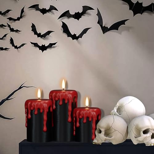 Image of Battery Operated Flameless Candles with 6H Timer, Blood Dripping Wax Effect Black LED Pillar Candles 3D Wick Flickering Spooky Halloween Indoor Decoration Light(3 Pack, 3 x 4,5,6 Inches)