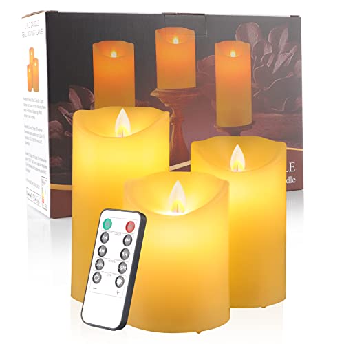Luxcence Flameless Candles Battery Operated With Remote Control Electric Led Candles Flickering Set Of 3 With 2/4/6/8 H Timer Function 600+ Hours Blue - Yellow Flame Effect 4’5’6 Inch Ivory #TOP10