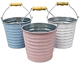 LIEFERUMFANG: 3x Blumentopf mit Henkel // Farbe: Pastell-weiß, Pastell-blau, Pastell-rosa // Maße: 12 x 12 cm // Material: Metall // Gewicht: 20g