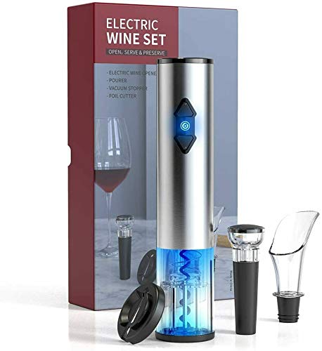 Kavydens Electric Wine Bottle Openers Set, Battery Operated Wine Opener Kit, Cordless Automatic Corkscrew Combo with Attached Foil Cutter Vacuum Stopper Wine Aerator Pourer, Stainless Steel