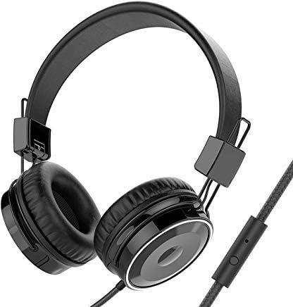 BASEMAN Wired Headphones with Microphone - Foldable Wired On-Ear Headphones for Laptops Computer Cellphone Tablet, Stereo Bass Headsets with 3.5mm Jack No-Tangle Cord for Boys Girls Women Men - Black