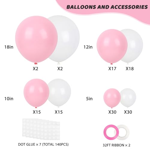 Image of RUBFAC White and Pink Balloons 129pcs Different Sizes Pack of 18 12 10 5 Inch, Latex Baby Pastel Pink Balloon Garland Arch Kit for Birthday Party Wedding Anniversary Baby Shower Gender Reveal