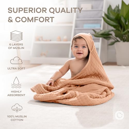 Image of Comfy Cubs Baby Hooded 9 Layer Muslin Cotton Towel for Kids, Large 32 inch x 32 inch, Ultra Soft, Warm, and Absorbent. Baby Essentials Bath Towels, Cute Unisex Cover for Girls and Boys (Pack of 1, Caramel)