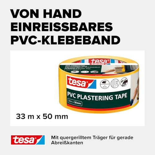 tesa Putzband PVC mit Prägung - Putzklebeband mit hochwertigem PVC-Trägermaterial, von Hand einreißbar - zum Schutz beim Verputzen im Außenbereich - gelb - 33 m x 50 mm
