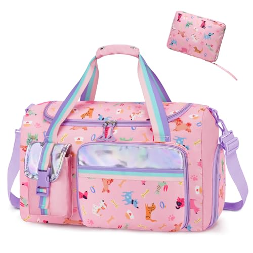 WOOMADA Travel Duffle, Weekend Bag with Wet Pocket & Trolley Sleeve, Gym Dance Bag With Shoe Compartment(Pink Dog)