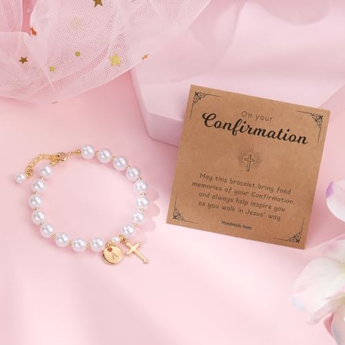 Personalized Confirmation Pearl Corss Bracelets Gifts for Women Catholic, Christian Confirmation Decorations Easter First Communion Religious Faith Jewelry for Goddaughter Niece4