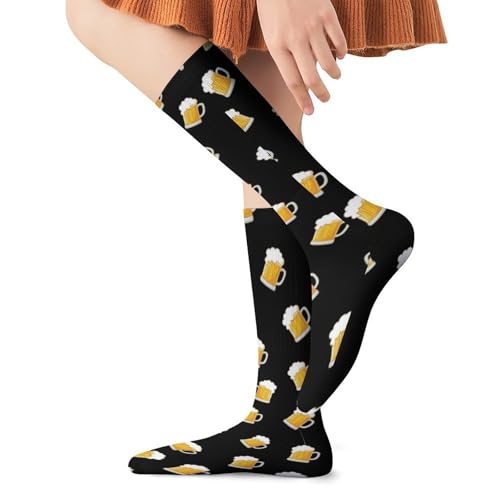 HEBVASS Women's Fashion Lightweight Socks Beer Cartoon Pattern Yellow Black, Cute Compression Knee High for Daily Wear Running Hiking Travel Casual Comfort