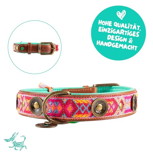 Dog with a Mission - Hundehalsband L | Farbenfroh in Rosa und Türkis | Boho, Ethno, Ibiza, Hippie | Ideal für große Hunde | Handgemacht | Modisch und Bunt | Aus weichem Echtes Leder | 4 cm Breit