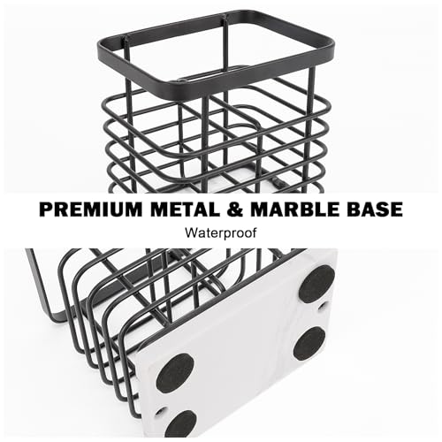 Image of Toothbrush Holder, Luxurious Metal Toothbrush Toothpaste Holder with Marble Base for Bathroom, Multi-Slots Openwork Design, Bathroom Accessory for Storage and Organizer (Small, Matte Black)