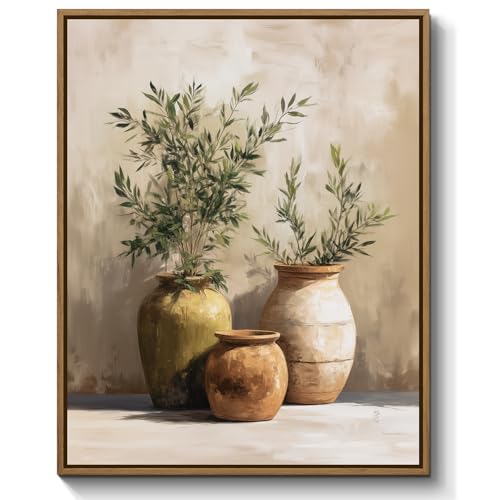 Vintage Botanical Canvas Wall Art Green Olive Branch in Ceramic Vase Pictures Print Neutral Plants Poster Farmhouse Still Life Wall Decor for Living Room Bedroom Home Office Kitchen, 8x10 Inch Framed
