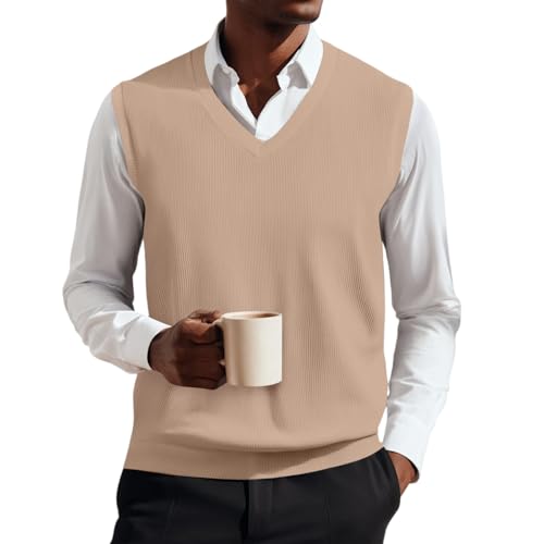 IAJDKMEK Men's Fashion Mens Sweater Vests Casual Fall Sleeveless V Neck Knit Pullover Plus Size Loose Fit Business Formal Waistcoat Khaki X-Large