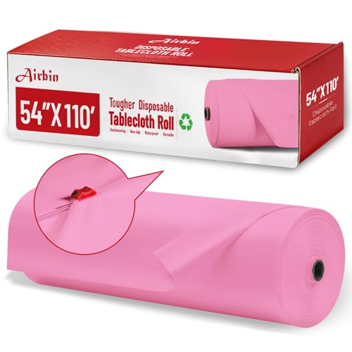 Image of Plastic Table Cloth, 110 Ft X 54 in Plastic Table Cloth Disposable Pink Tablecloth with Any Cut Sliding Cutters Premium PEVA Disposable Tablecloth for Picnics, Parties, Birthdays, Festivals