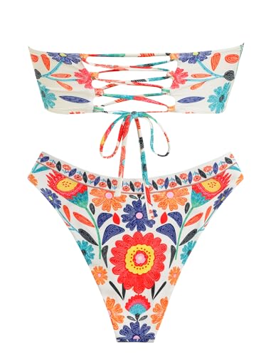 Image of ZAFUL Women's High Cut Bandeau Bikini Set Strapless Solid Color 2 Pieces Bathing Suit Swimsuit