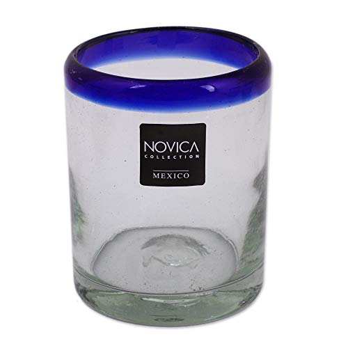 Novica Hand Blown Clear Blue Recycled Glass Tumbler Glasses,10 Oz 'Cobalt Rings' (Set Of 6) #TOP1