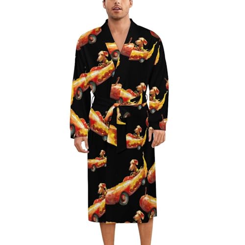 Dachshund Driving Hot Dog Flame Car Soft Robe Long Sleeve Bathrobes V Neck Sleepwear Spa Robes with Belt Men Woman